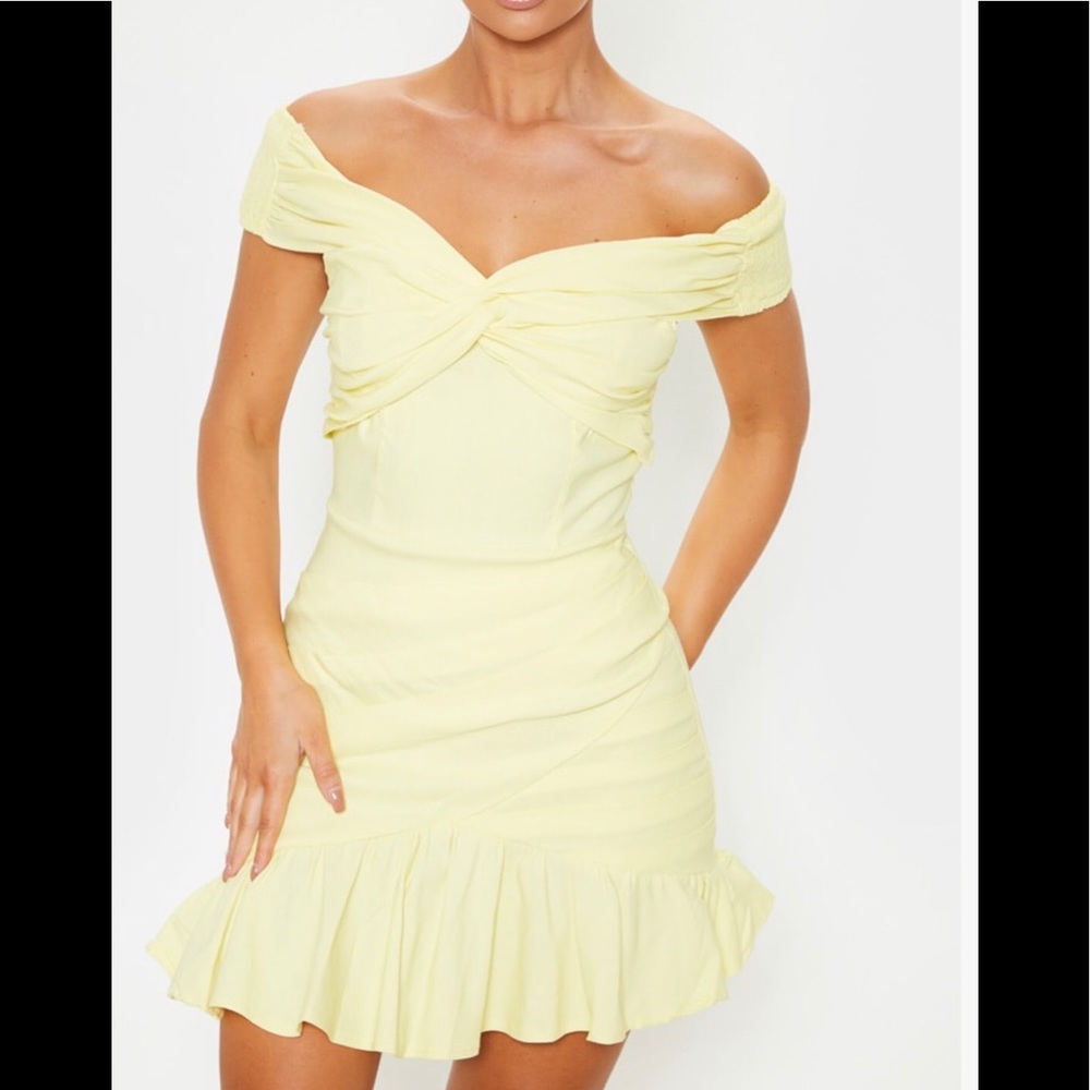 Lemon Bardot Shirred Pleated Bodycon Dress